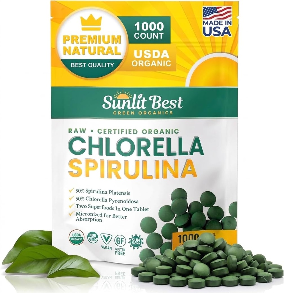Sunlit Best Chlórella Spirulina Tablety - Organic USDA, Premium Spirulina a Chlórella Tablety 1000 Počet - Sun Chlorella Pure Natural Superfoods with Algae, Enzymes Chlorofyl & Vegan Protein