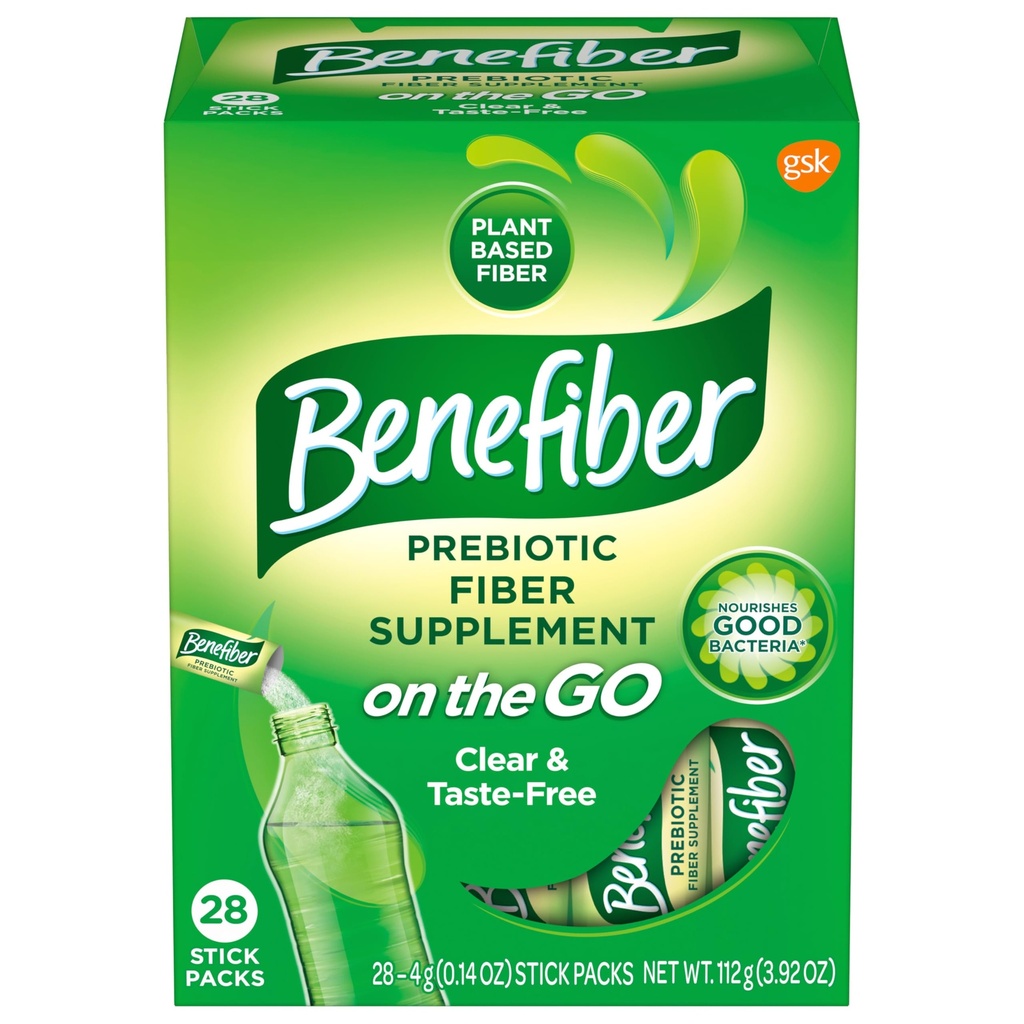 Benefiber On The Go Prebiotické Fiber Supplement Powder for Digestive Health, Daily Fiber, Unflaved - 28 Sticks (3,92 Ounces)