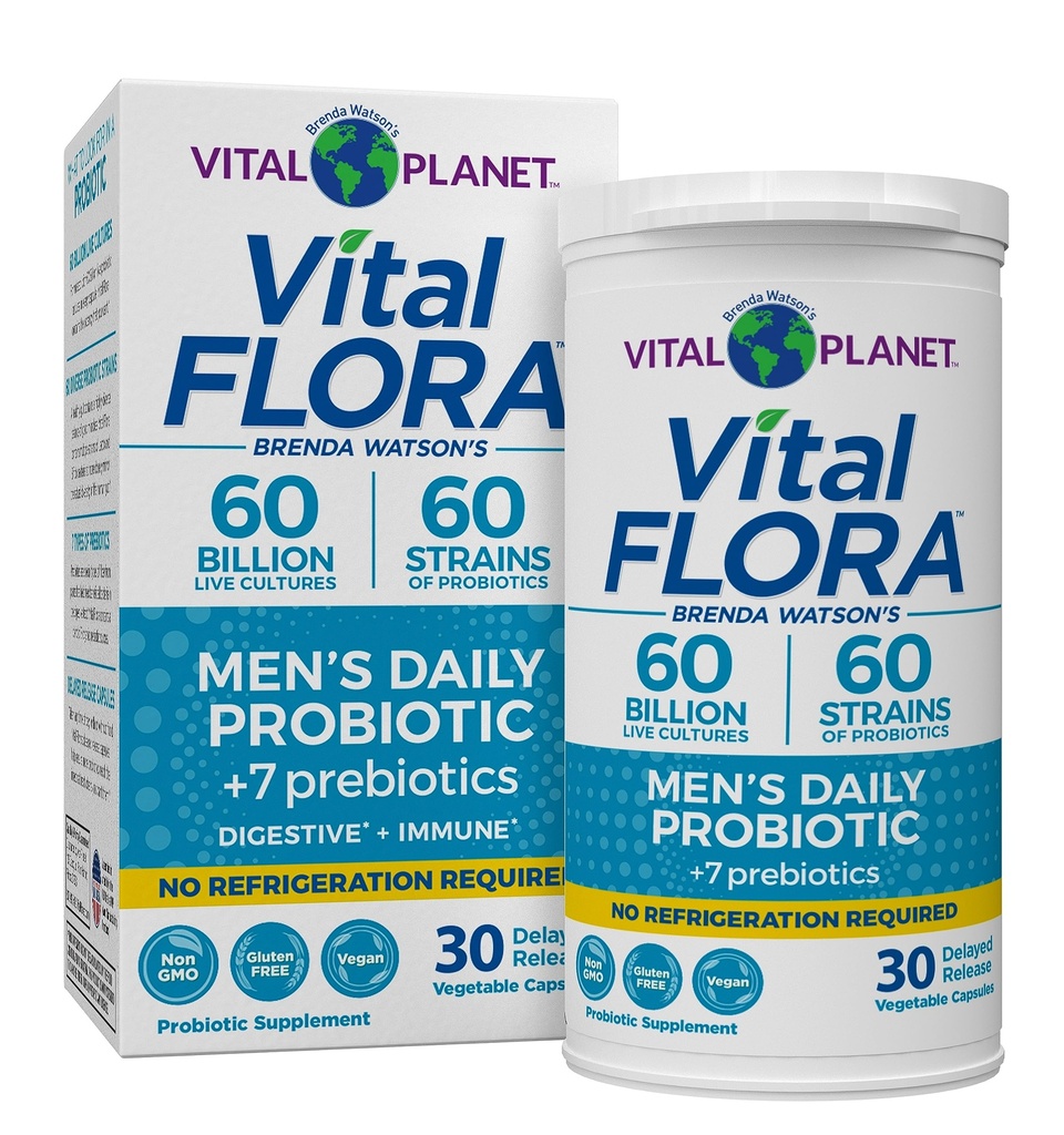 Vital Planet - Vital Flora Probiotiká pre mužov, 60 miliárd CFU, 60 rôznych kmeňov, 7 Organické prebiotiká, Muži a každodenný police Stabilné probiotiká pre imunitnú podporu, Relief plynu, Tráviace zdravie 30 Kapsule