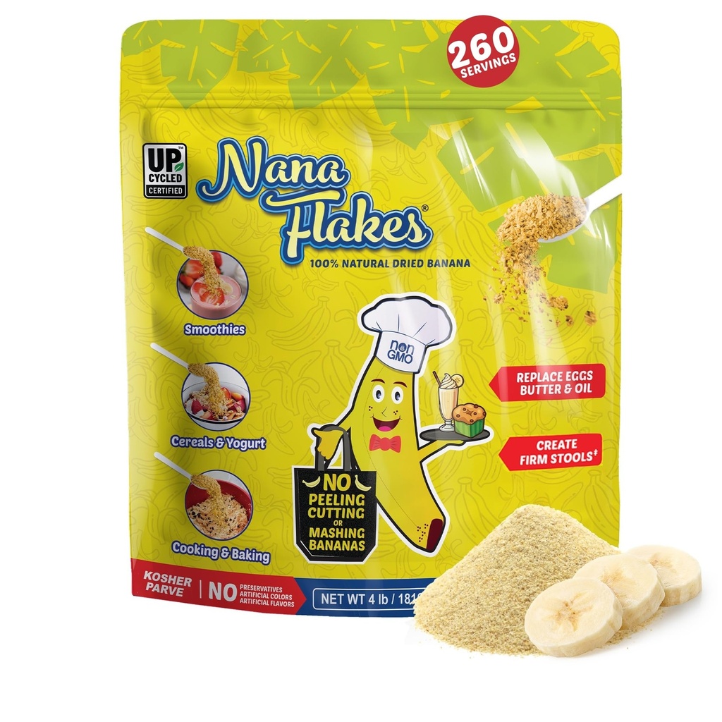 Nana Flakes 100% Pure Banana Flakes Food Powder 4 lbs - Veľký zdroj draslíka a vlákniny, pre tráviace zdravie & Príležitostná hnačka, sírenie jedla - prírodné a upokojujúce (4 lbs taška)