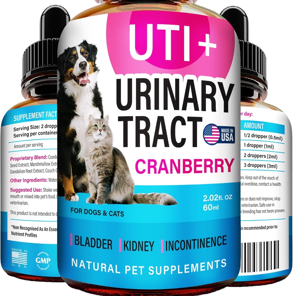 Mačka a pes UTI liečba - UTI medicína a močové tract infekcie liečba pre domáce zvieratá - Podpora obličiek - Regulácia močového mechúra pre psy inkontinencia - Cat UTI Remedy - Cranberry doplnok - US Made - 2fl.oz