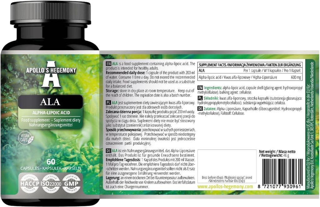 APOLLO'S HEGEMONY ALA (Alfa Lipoic Acid) 600 mg - 60 Vegan Kapsule - Optimalizuje Glukózový manažment - podporuje mitochondriálne zdravie - Dva mesiace dodávky