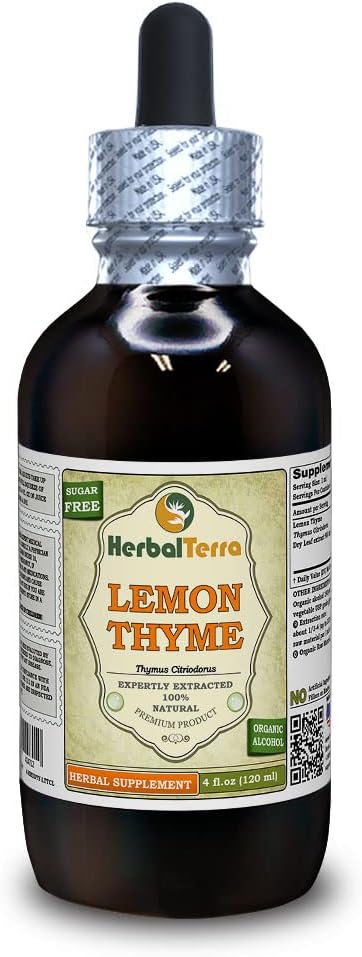 Citrónový tymián (Thymus x Citriodorus) Tinktúra, Organicky sušený rastlinný tekutý extrakt (brand name: HerbalTerra, hrdo vyrobené v USA) 4 fl.oz (120 ml)