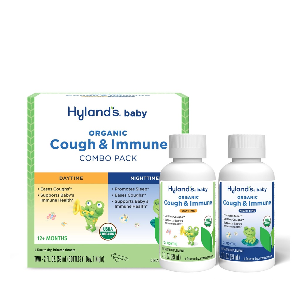 Hyland's Baby Organic Cough Sirup and Immune Support Day and Night Combo Pack, Eases Coughs, Supports Imunity, Propaguje spánok, 2 Fl Oz. Fľaše (4 fl oz)