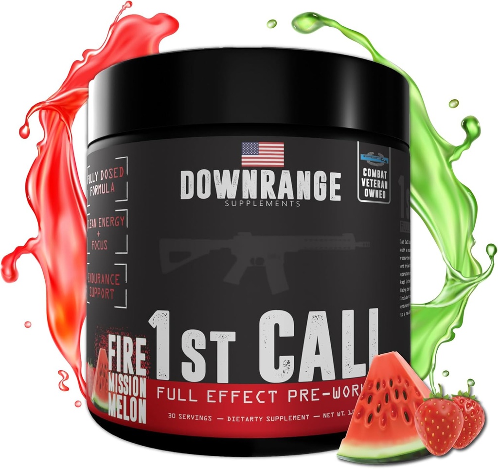 DownRange 1. Call Pre Cvičenie Powder, Preworkout pre mužov a ženy, Aminokyseliny Beta Alanín a kofeín pre Pumpa, Energia a Focus Support, 30 Servírovanie (jahodový melón)