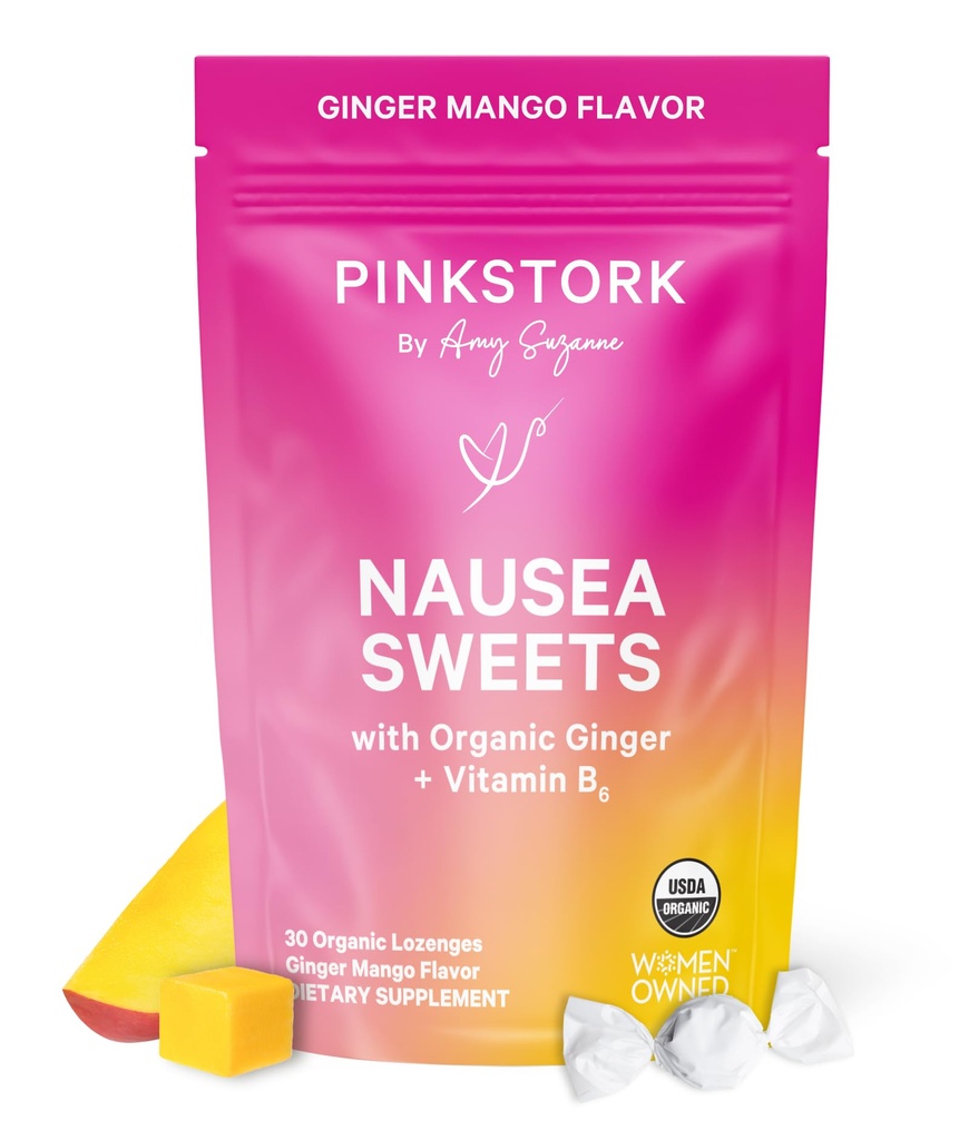 Pink Stork Organic Mango Sweets s vitamínom B6 pre ranné choroby a pohybové choroby, pridané zázvor a vitamín B6, 1. trimester tehotenstvo musí mať - 30 zabalené sviečky