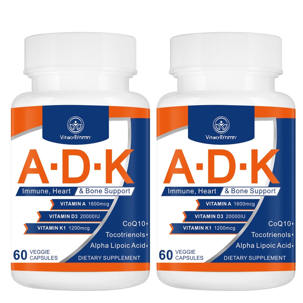 ADK vitamínové doplnky 20000 IU - Vitamíny A, D3 a K1 s vysokou potenciou pre Srdce, zdravie kostí a imunitnú podporu Vitamín ADK 120 kapsuly