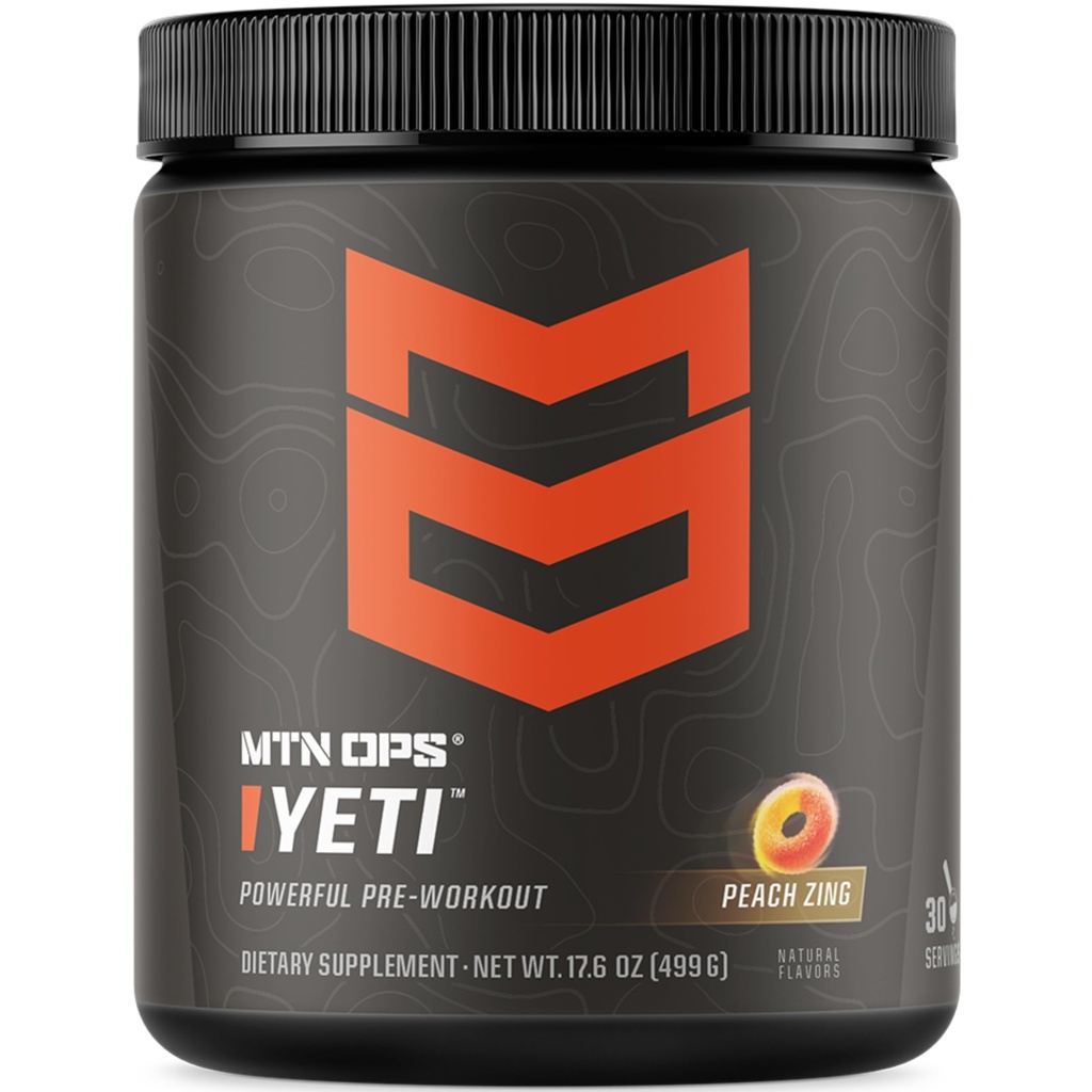 MTN OPS Yeti Powder Energy Drink pred zamestnaním s kreatínom, 200 mg kofeínu a BCAA s Beta Altanine, 30-Serving Tub, Peach Zing