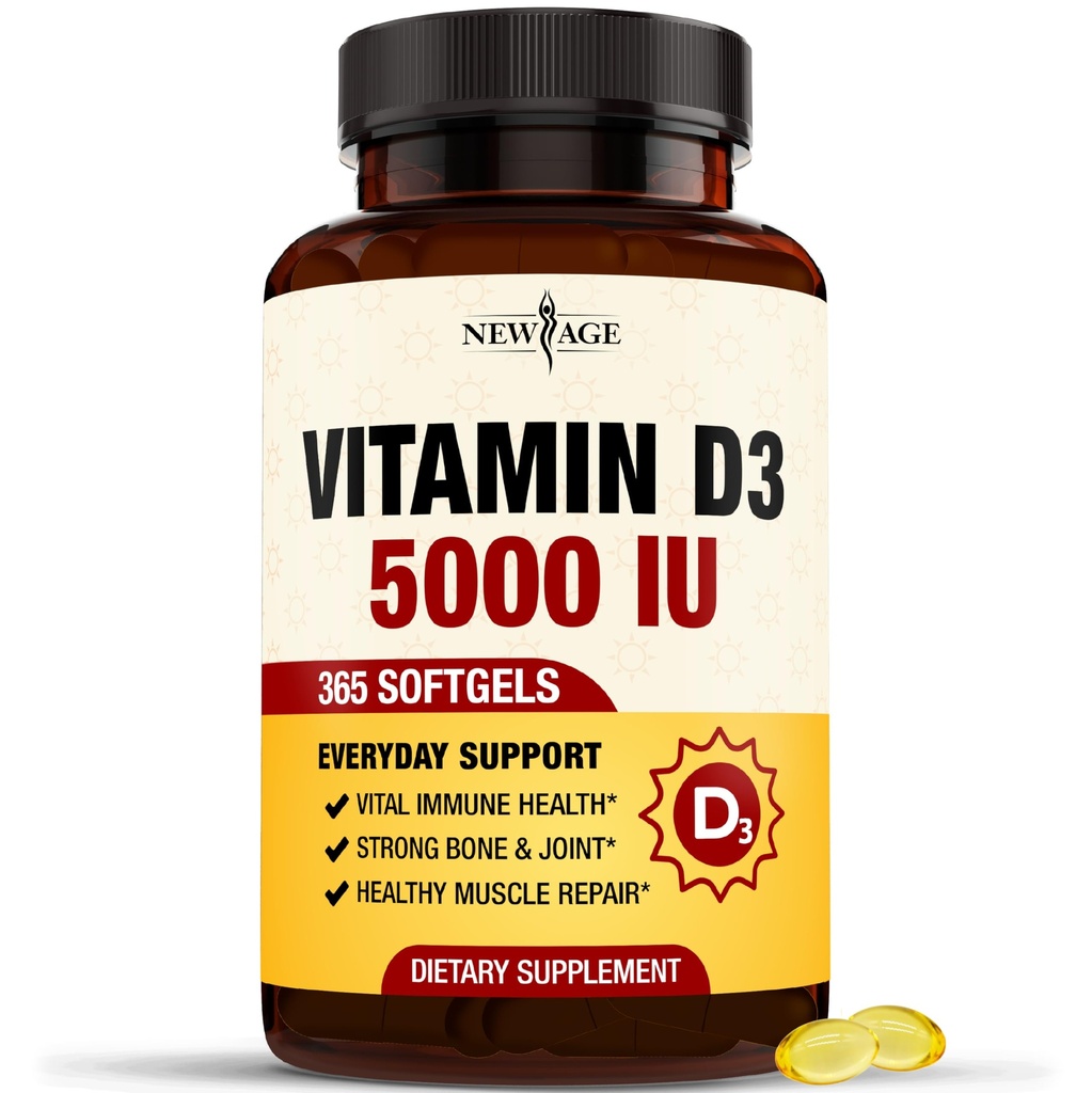 NEW AGE Vitamín D3 5000 IU 125mcg Softgels - Support Immune Support, Strong Bone Health - Non-GMO, Gluten-free, Dairy-Free,1 Rok dodávky (360 Softgels (Pack of 1))