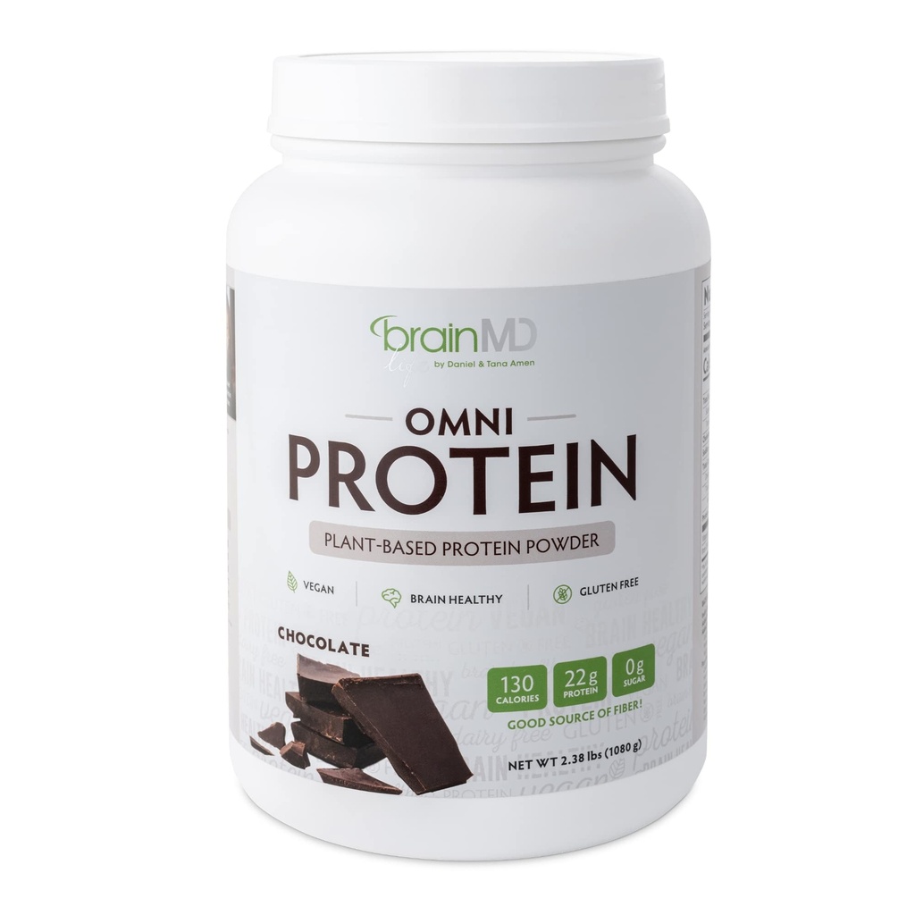BRAINMD Dr Amen Omni Protein Chocolate - 2,38 lbs - Plant-Based Protein Powder - Podporuje energiu a cvičenie zotavenie - Vegan, Vegetarián, bez cukru, bez lepidla - 30 Servisov