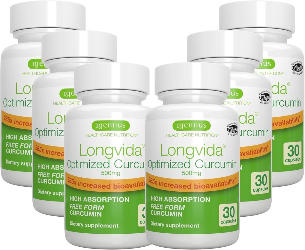Igennus Longvida Lipidated Curcumin 500 mg, Ultra Biodostupný & Trvalý účinok, 65x vyššia hladina plazmy, intenzívna podpora, Free-form Curcumin, Vegan, 180 kapsúl