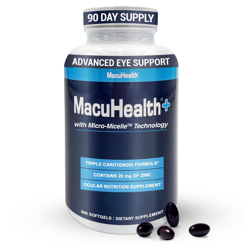 Macuhealth Plus+ Očné vitamíny doplnok pre dospelých - 90 dní Zásobovanie luteínom, Zeaxantínom, a Meso-Zeaxantin - Neochutený, Vitamín pre oči