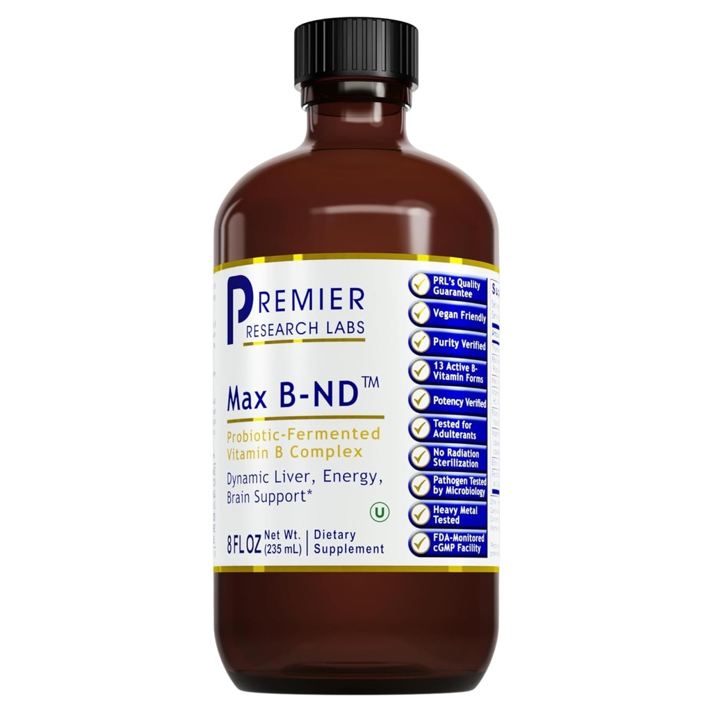 Premier Research Labs Max B-ND - Tekutý vitamín B komplex pre zdravie pečene a mozgu, Sublingválne kvapky pre mužov a ženy s tiamínom, B12 & B6-8 Fl Oz fľaša