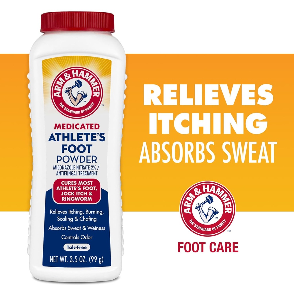 Púder nohy Arm & Hammer Athlete - Antimykotická liečba nôh s Pečenie Soda - Uľavuje svrbenie, pálenie a zápach - klinicky preukázaná formula - 3,5 oz 4 balenie (4)