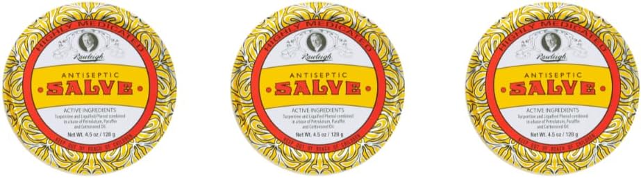 Rawleigh Antiseptický Salve Iconic Yellow Big Tin: 4.5 oz, Multi-Purpose Masť Upokojuje Rezy, Bruises, Irritácie, s Turpentine, Fenol, Cottonseed Oil & Paraffin, Pôvodná formula - Balenie 3
