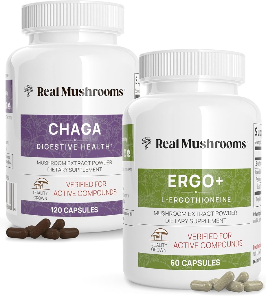Skutočné huby Ergothioneine (60ct) a Chaga (120ct) Bundle s Shiitake a Oyster Mushrom Extract - dlhovekosť, Digestive Health - Vegan, Gluten Free, non-GMO - Prírodná podpora zdravého starnutia