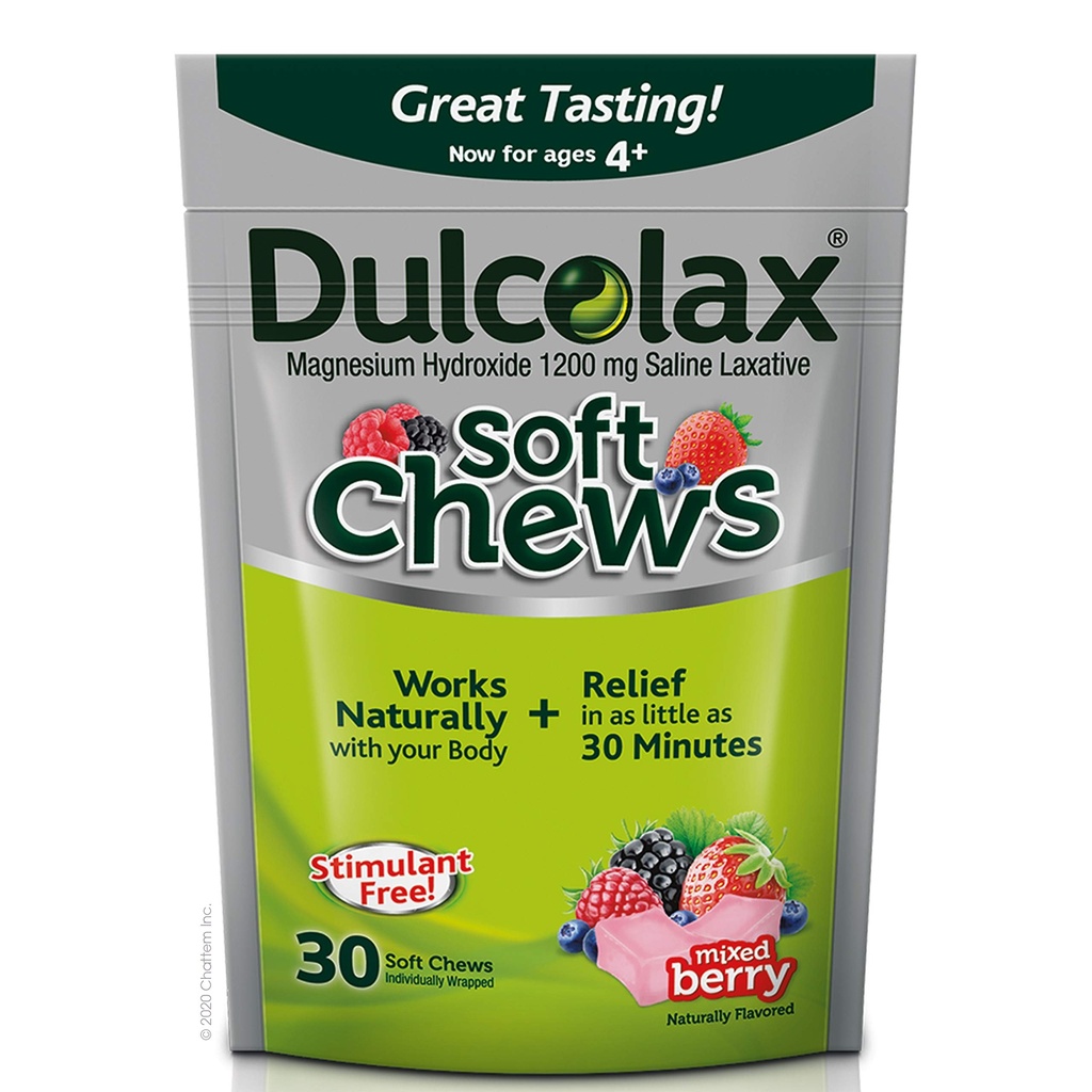 Dulcolax Soft Chews Saline Laxative Mixed Berry (60ct & 30ct) 1200mg Hydroxid horečnatý Jemná zápcha Relief