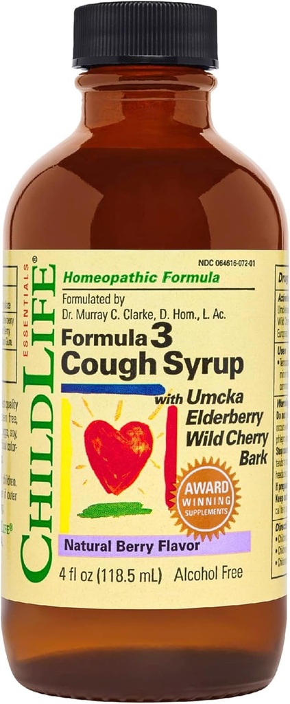 CHILDLIFE Essentials Formula 3 Kids Cough Sirup - Detský kašeľ Medicína pre deti 2-11, s Umcka, bazová a divá čerešňová kôra, lepok zadarmo - Natural Berry, 4 Fl Oz