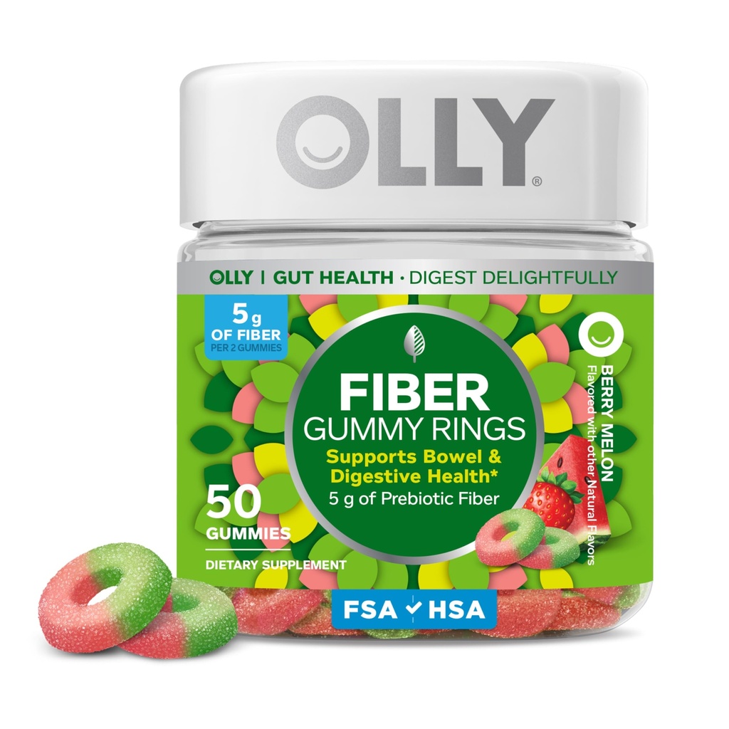 OLLY Fiber Gummy Krúžky, 5g FOS Prebiotické Fiber, Tráviace zdravie doplnok, * Jahodový melón Ochutený, 25 Day Supply - 50 Počet