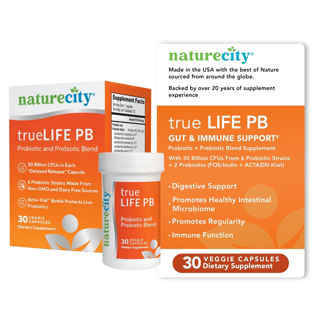 NatureCity True-Life-PB Stable Blend Prebiotiká a probiotiká pre ženy a mužov - Digestívne Gut zdravotné doplnky pre ženy a mužov - Mliečne bez - (30 Veggie Kapsule)