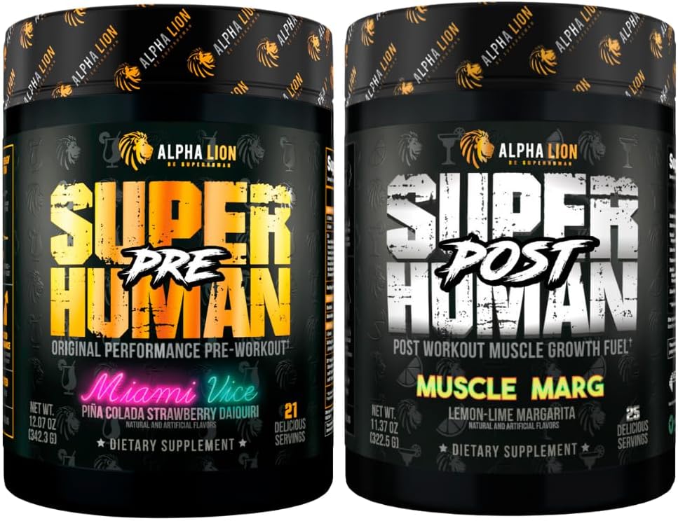 ALPHA LION Superhuman Pre Cvičenie Powder & Post Cvičenie zotavenie Bundle, Trvalá energia & Focus + Lean Muscle Rast, sila & objem (Miami Vice & Muscle Marg)