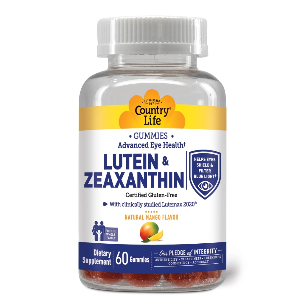 Country Life Lutein Gummies with Lutemax 2020, 60 Ct, Chewable Natural Eye Support Supplement, Marigold Lutein, Zeaxantin, Eye Health & Macular Support, Non-GMO, Natural Fruit Pectin, Vegan