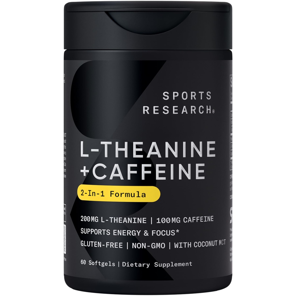 Športový výskum L-Theanine Supplement with Caffeine & Coconut MCT Oil - Focused Energy, Alertness & Relaxation Without Dressness - 200mg L Theanine, 100mg Organic Caffeine - 60 Liquid Softgels