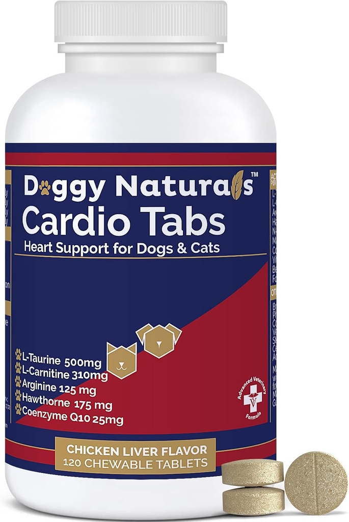 Cardio Tabs Heart Suplement for Psy - Aids Cardio Support and Cardio Strength Supplement for Dog, L-Taurine, L-karnitín, Hawthorn, L Arginine, Coenzým Q10 - Made in USA - 120 Tablet