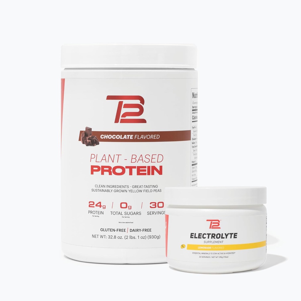 TB12 Plant Based Sila a hydratácia Bundle (powder & Lemonade Electrolytes, Chocolate Protein Powder & Lemonade Electrolytes), Podpora zotavenia a hydratácie svalov, bez mliečnych výrobkov, bez GMO, bez sóje