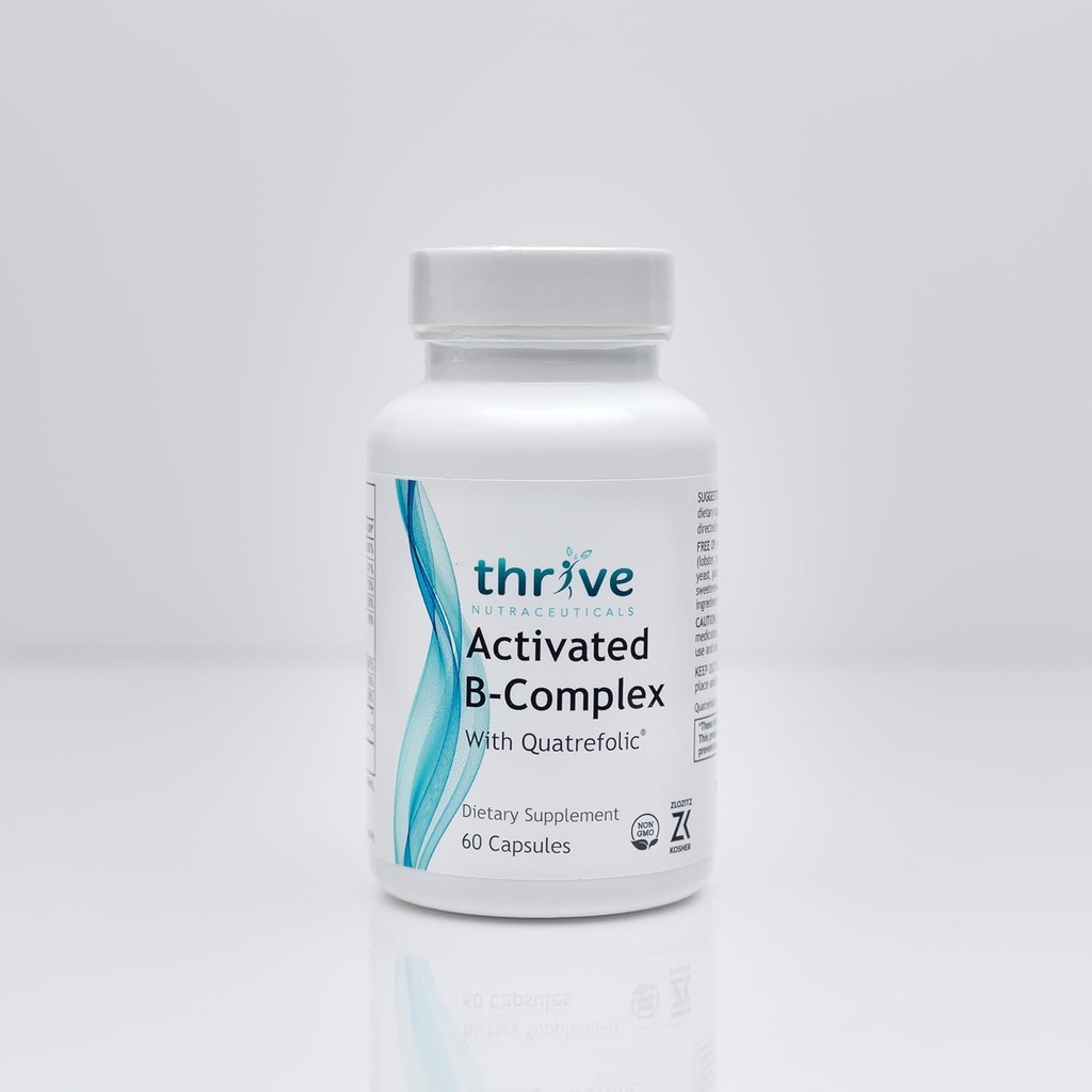 Thrive Nutraceuticals Activated B- Complex with Quatrefolic - 60 Non-GMO Kapsule - Kosher Dietary Supplement for Optimal Health - Bez kvasiniek a lepidla, podporuje energiu a kognitívne funkcie