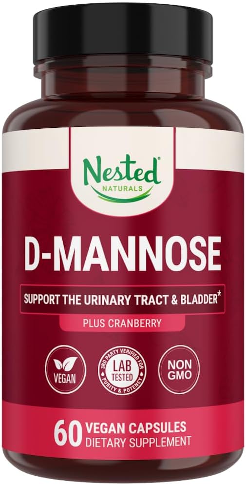 Nested Naturals D-Mannose 500mg Caspules with Cranberry Extract, D Mannose Cranberry Pills, Urinary & Bladder Support, 60 Vegan Kapsule