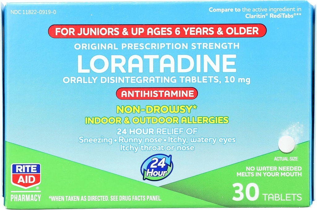 Rite Aid Detská non-Drowsy Alergy Relief, Loratadine 10mg, Mint Flavor - 30 Tablety 
