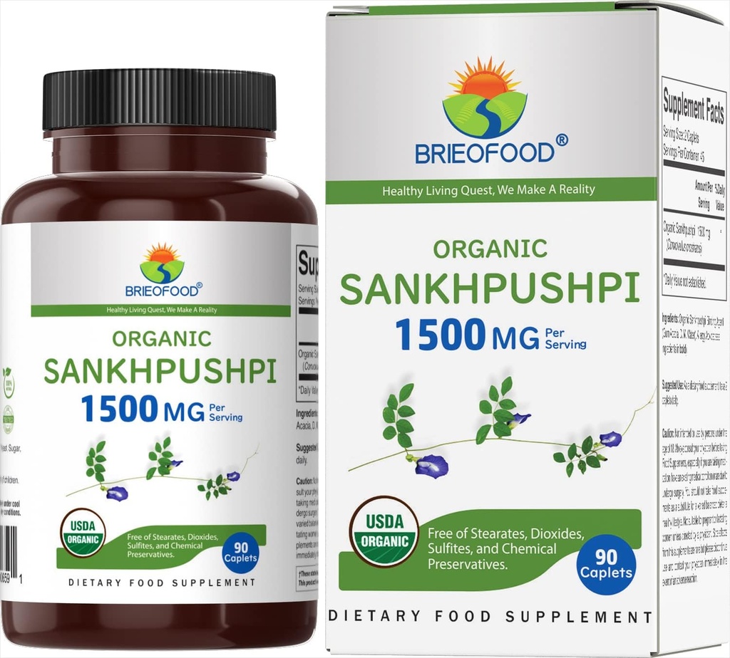 Brieofood Organic Sankhpushpi 1500mg, 45 Servings, Vegetarián, Gluten Free, 90 Vegetariánske tablety
