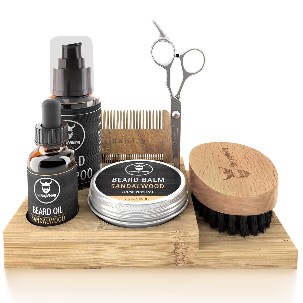 Striking Viking Brada rastová súprava - 7-piece Set, Sandalwood vôňa & Caddy - Olej a balzam s bradavice kefka, dvojsýtej Comb & Nožnice plus fúzy Comb pre grooming a styling