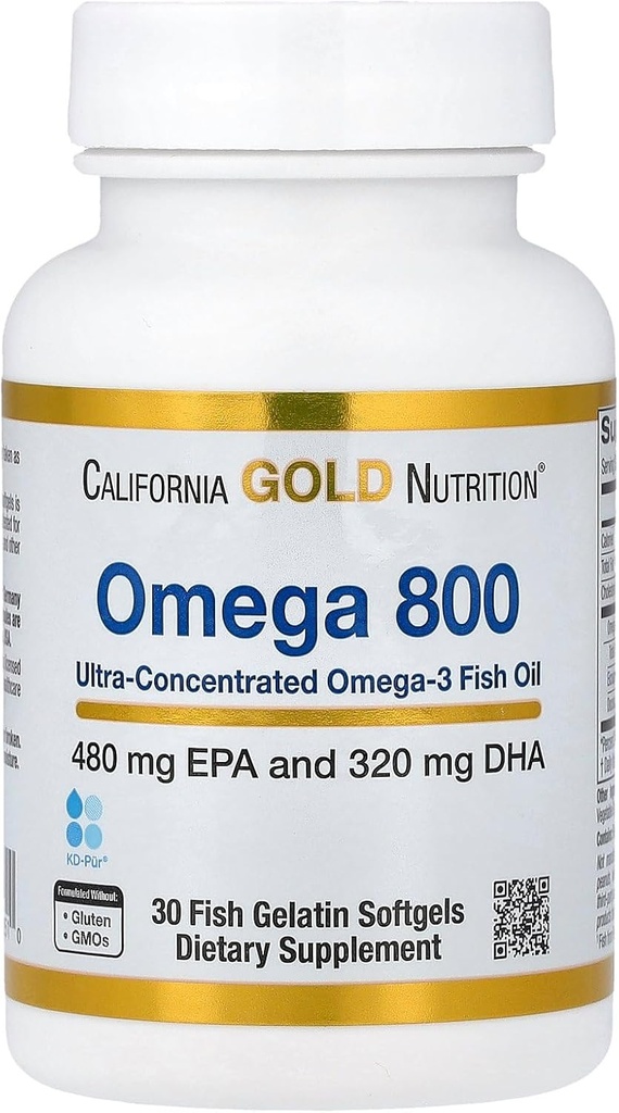 Kalifornia Gold Nutrition Omega 800 Ultra-Concentrated Omega-3 Fish Oil, kd-pur® Triglycerid Form, 30 Fish Želatína Softgels (1 000 mg per Softgel)