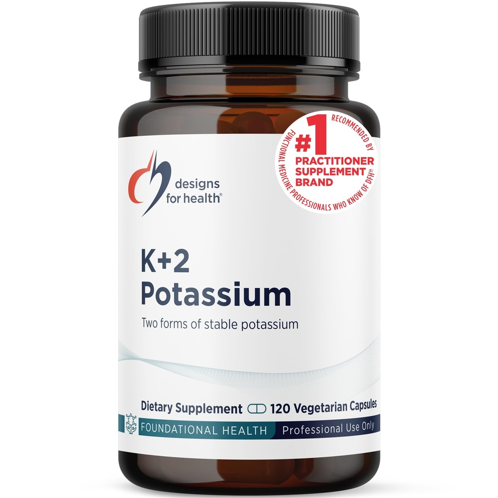 Dizajn pre zdravie K+2 Draslík - 300mg Dve formy draslíka - bikarbonát draselný + Glycinate Pills - Doplnková podpora pre udržanie zdravého krvného tlaku (120 kapsuly)