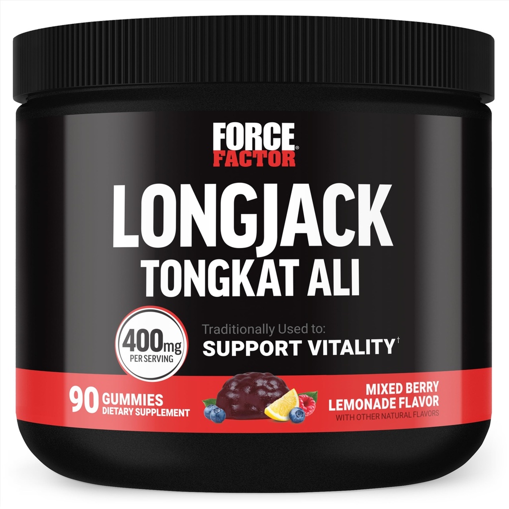 Force Factor LongJack Tongkat Ali Gummies, Tongkat Ali pre mužov na podporu mužskej vitality a pohonu, 400mg Tongkat Ali s BioPerine, zmiešané Berry Lemonade, 90 Gummies