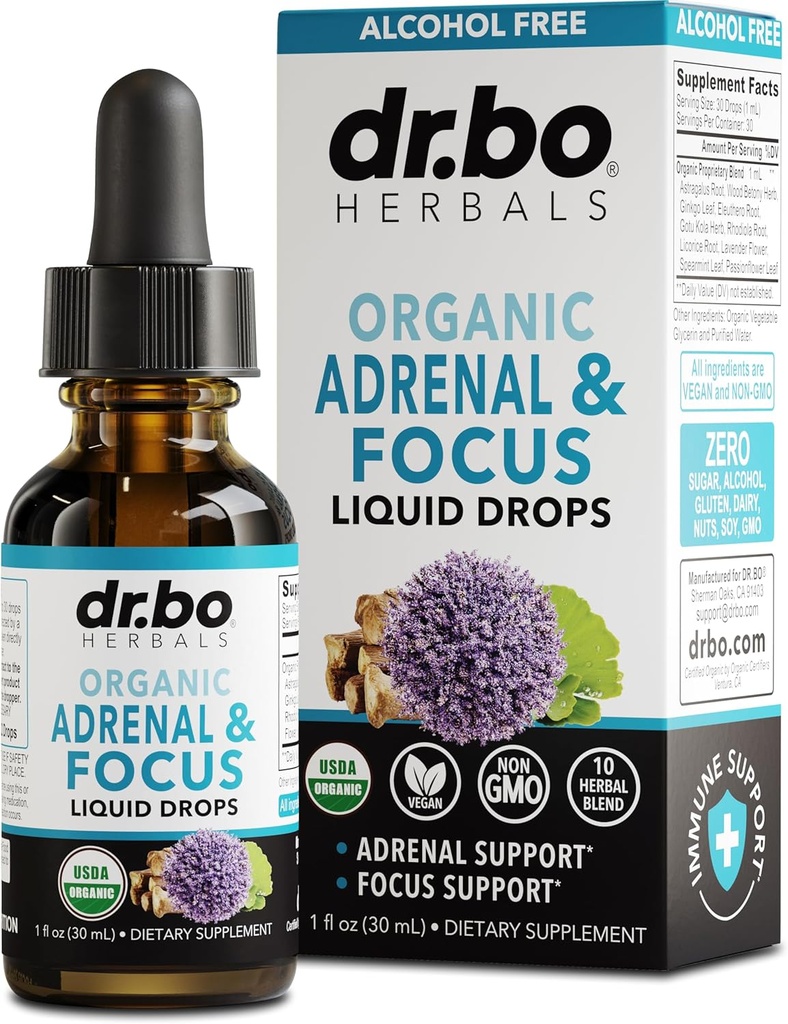 Adrenal Suplements Liquid Drops - Organic Adrenal and Focus Supplement, Cortisol Manager Adaptogen Dospelí, Ginkgo Biloba pre deti upokojiť - Prírodný mozog a pamäť únava Stres Pozor 1oz