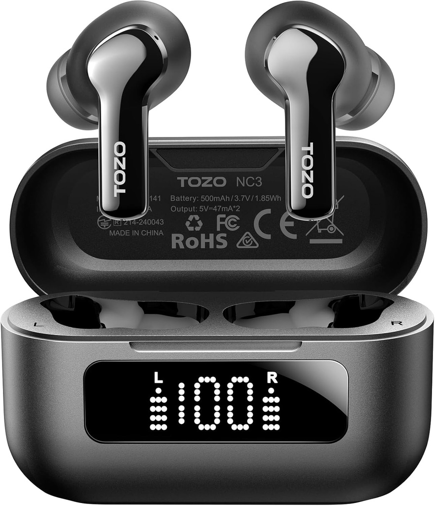 TOZO NC3 Hybridný aktívny hluk Zrušiť bezdrôtové earbuds so 6 Mics AI Clear Call Ear Buds 55H Playtime with LED Display 32 Prednastavené EQs cez APP Bluetooth 5.3 IPX8 Nepremokavé v ušiach slúchadlá