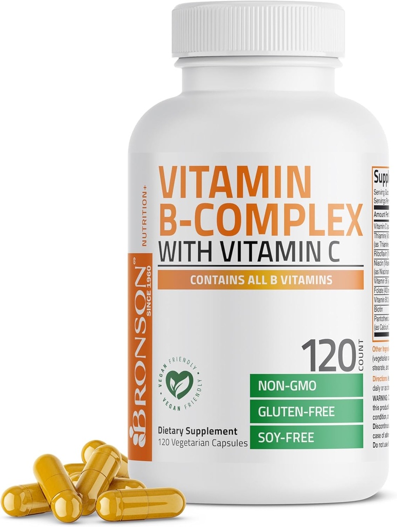Bronson Vitamin B Complex with Vitamin C - Immune Health, Energy Support & Nervous System Support - Non-GMO, 120 Vegetarian Capsules