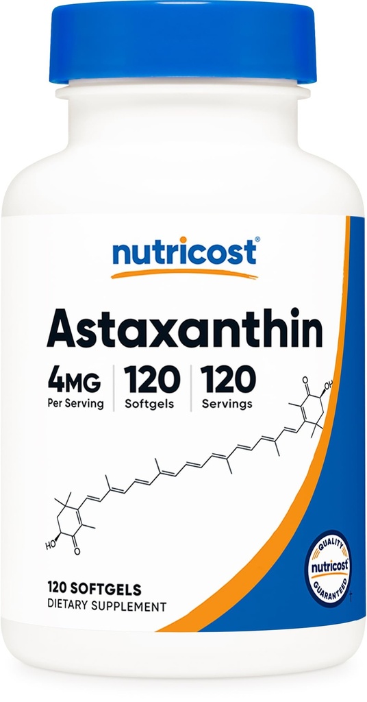 Nutricost Astaxantín 4 mg, bezlepok a bez GMO, 120 Softgelov (4 mesiace)