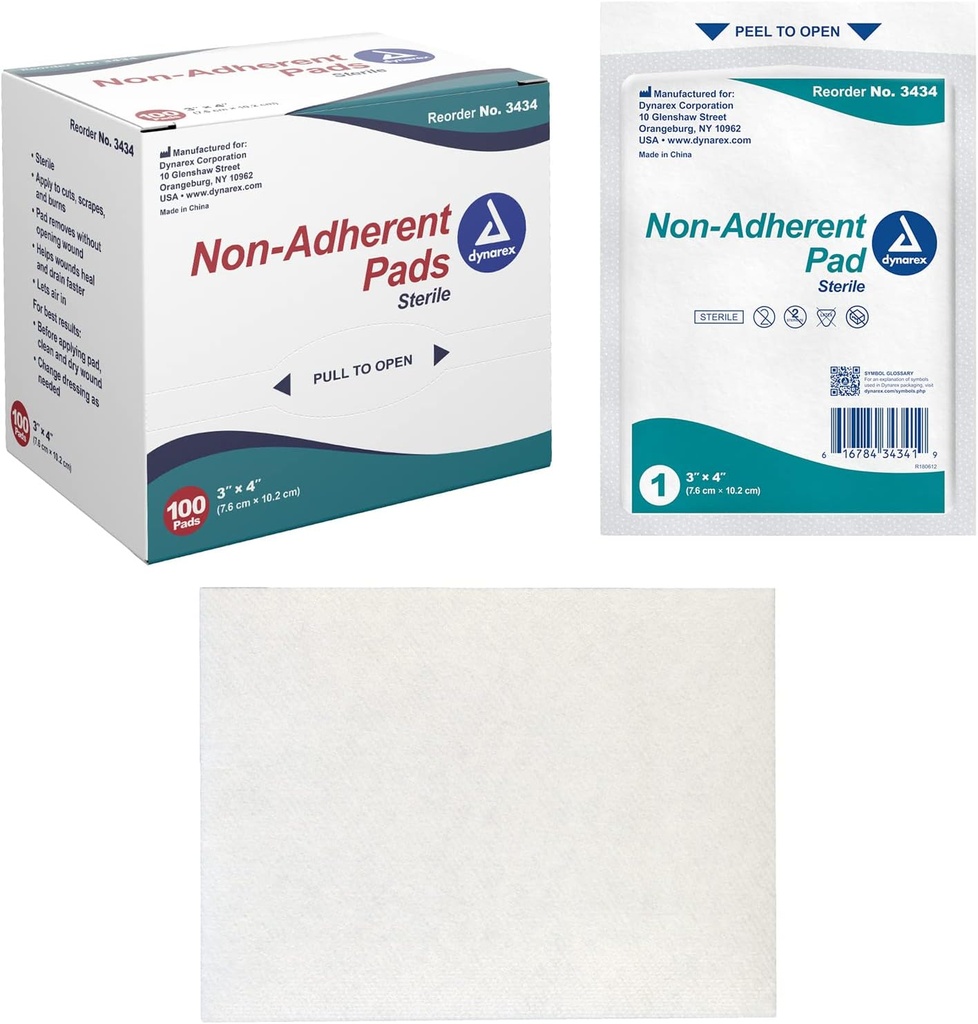 Dynarex Non-Adherent Pads-Sterile, Individuálne Balené, Non-Stick Wound and Burn Care, Soft & Highly Ab World, 3