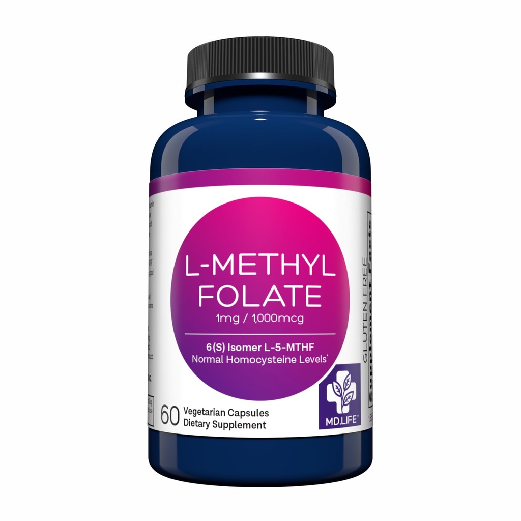 MD Life L Metylfolát 1mg - Profesionálne-Grade Active Methylfolate Supplement - Maximum Potency MTHFR Doplnky - L metylfolát 1 mg 60 kapsúl - Esenciálne aminokyseliny
