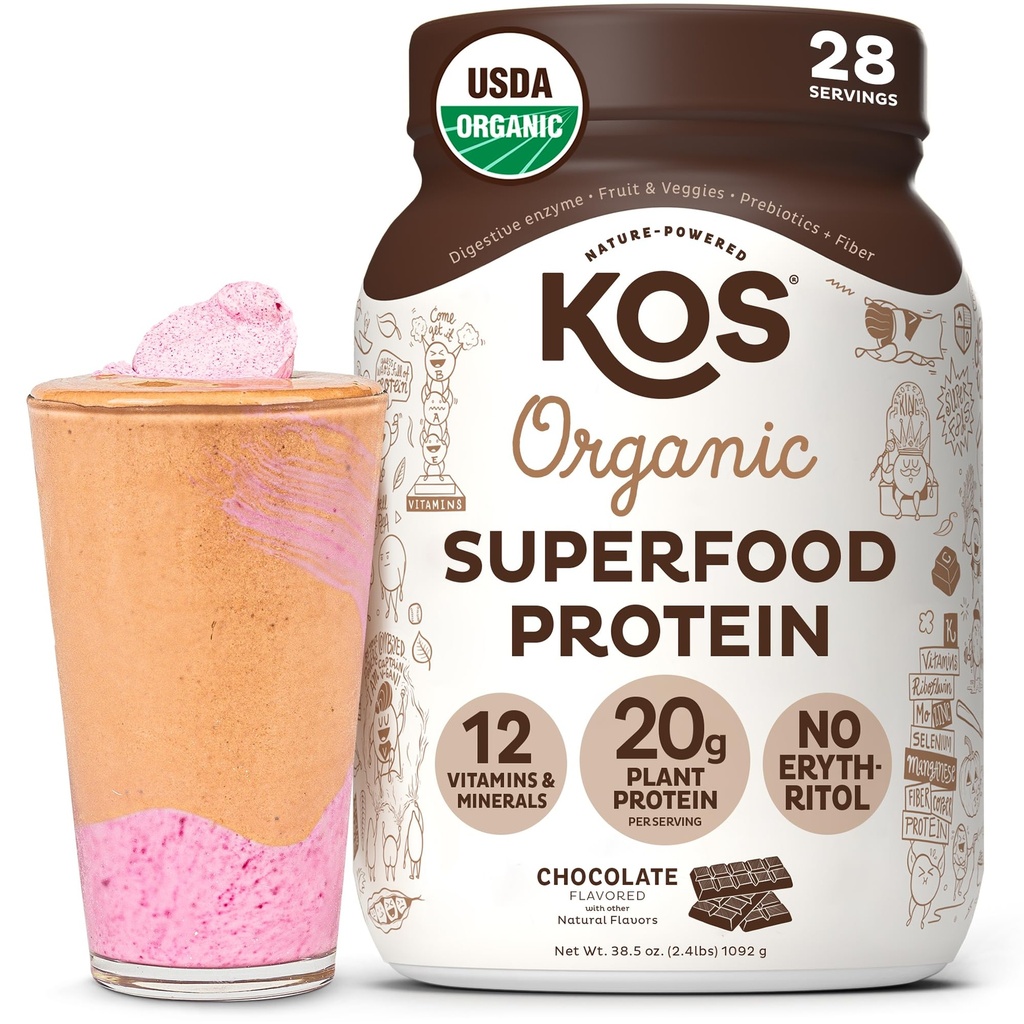 KOS Vegan Protein Powder Erytritol Free, Chocolate - Organic Pea Protein Blend, Plant Based Superfood Rich in Vitamíny & Minerals - Keto, Dairy Free - Meal Replacement for Women & Men, 28 Servings