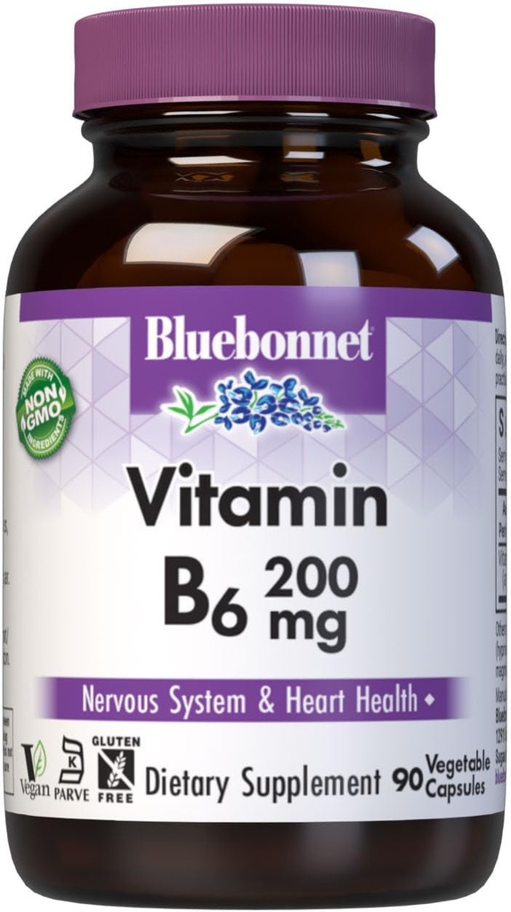Bluebonnet Nutrition Vitamín B6 Rastlinné kapsuly, 200 mg, Pre Kardiovaskulárne a nervového systému Zdravie, Soy Free, Gluten Free, Kosher, Dairy Free, Vegan, Non-GMO, 90 Rastlinné kapsuly, 90 Servisov