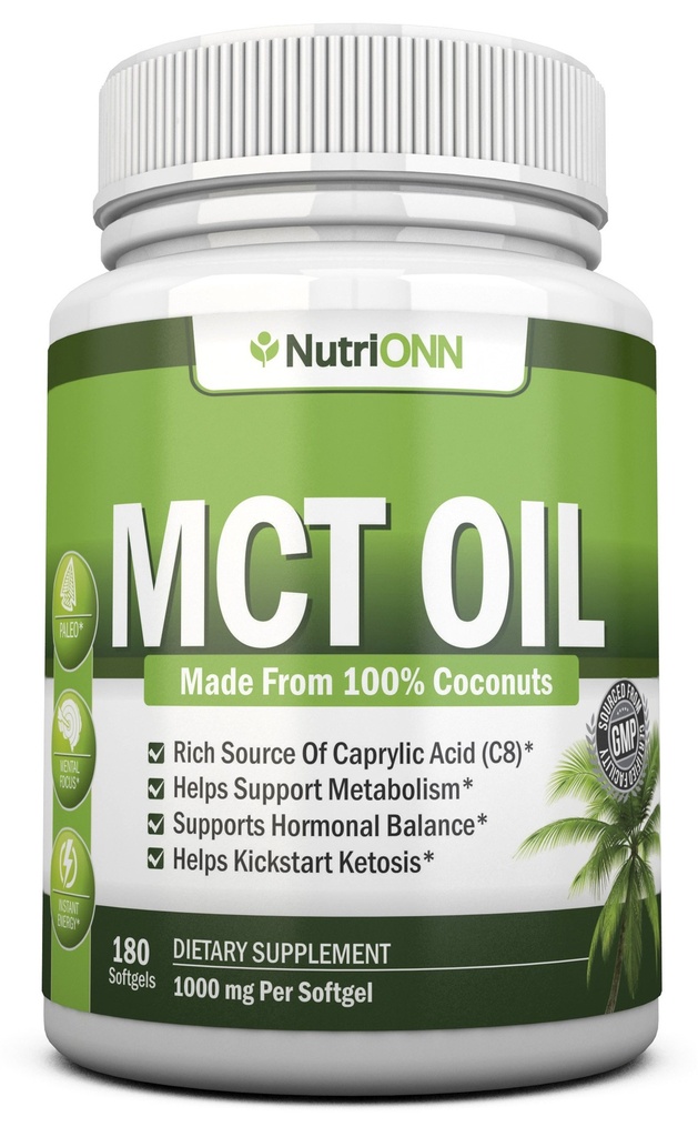 MCT Oil - 3000mg per serving - 180 Softgels - vyrobené zo 100% Organic Coconuts - Non GMO, Cold Pressed, Paleo priateľské kapsule - Skvelé pre Focus & Gut Health