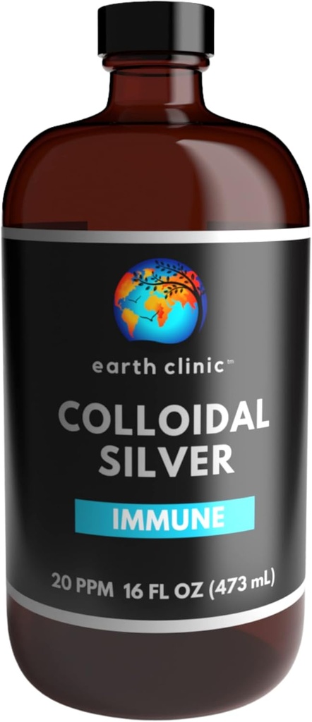 Earth Clinic ® Koloidné striebro 20 PPM, 16oz (473ml), Veľká fľaša z jantárového skla - Imunitná podpora