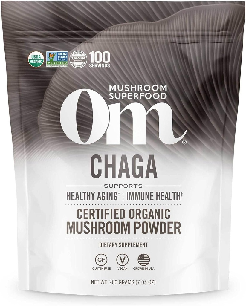 OM MUSHROOM SUPERFOOD Chaga Organic Mushrom Powder, 7.05 Ounce Pouch, 100 Servings, US Grown, Sacred Antioxidants & Immune Support, Superfood Mushroom Supplement