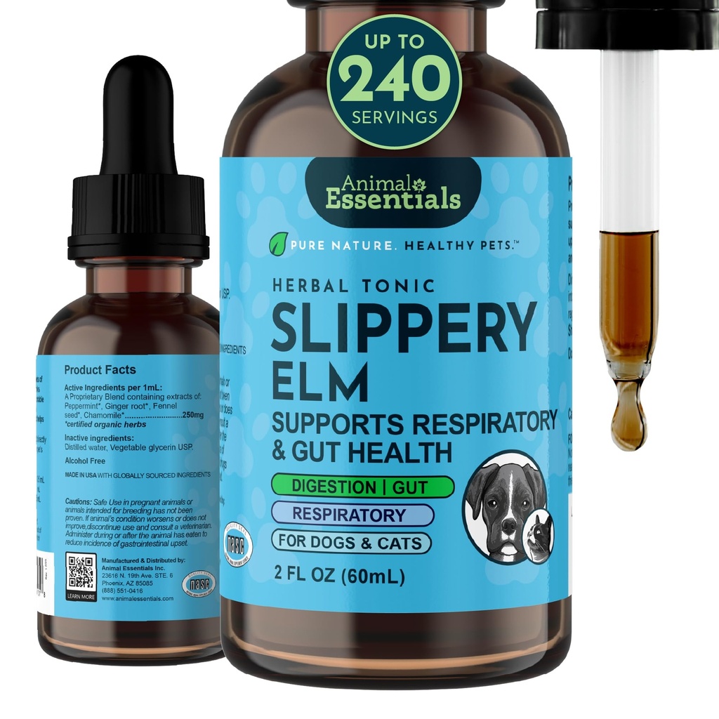 Živočíšne Essentials Slippery Elm - Bylinný extrakt pre psy a mačky, podporuje zdravé trávenie, Bowel Funkcia, Certified Organic Herbs, Všetky prírodné, Respiračné zdravie, Tekutá formula - 2 Fl Oz