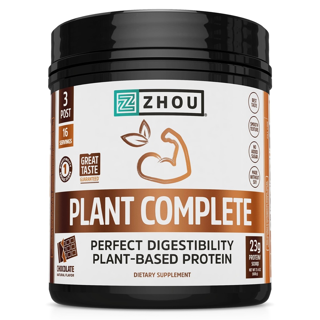 Zhou Plant Complete Vegan Protein Powder - Plant Based Protein Powder for Women & Muži, Non Dairy Rice & Pea Blend for Smoothies & Shakes, 21g Protein per Serving - Chocolate, 17,7oz (16 Servings)
